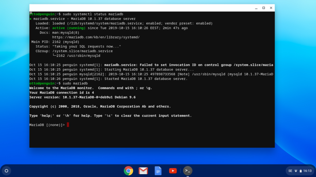 Chromebook running MariaDB