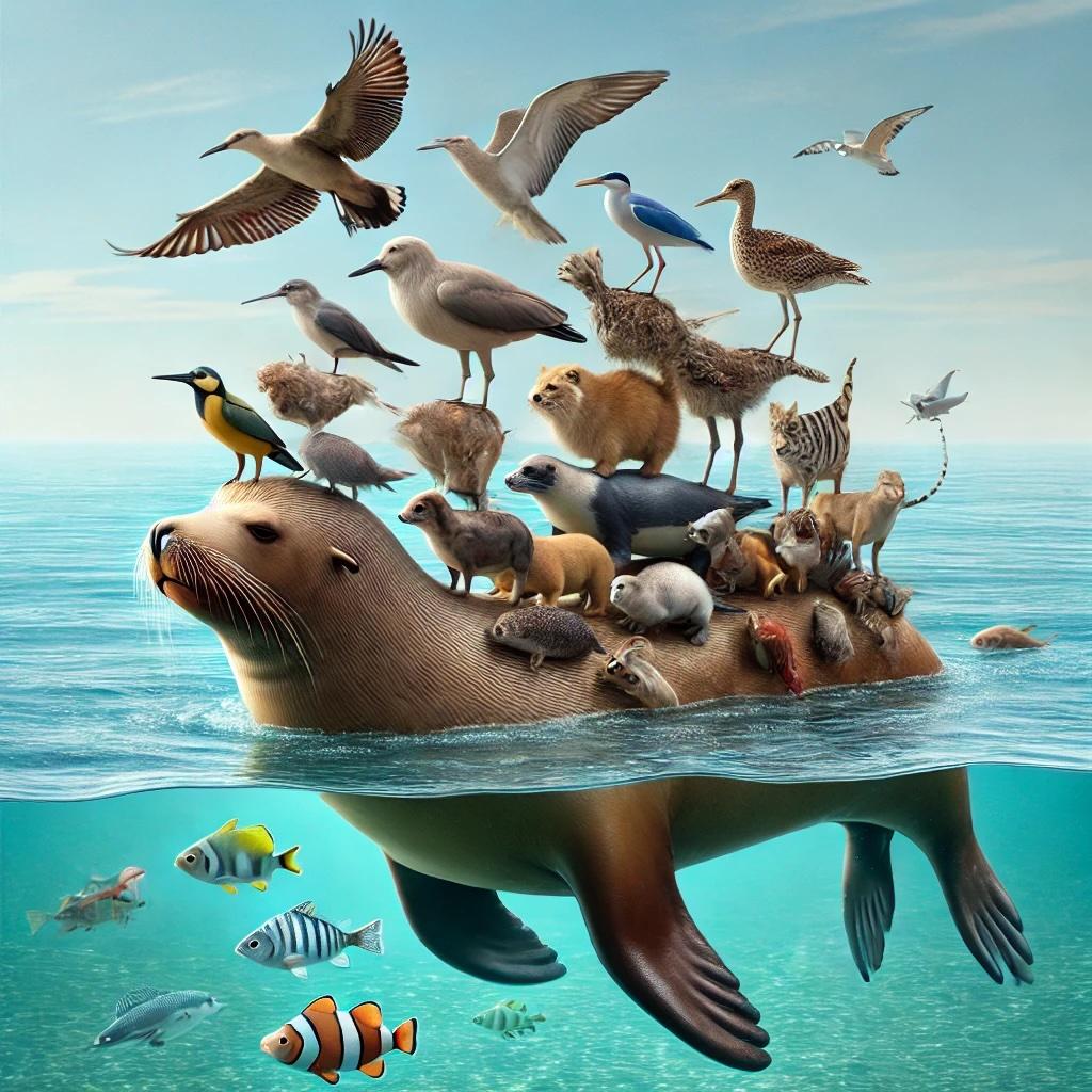 A photorealistic image of a sea lion in the ocean, balancing and supporting many other animals on its back and head.