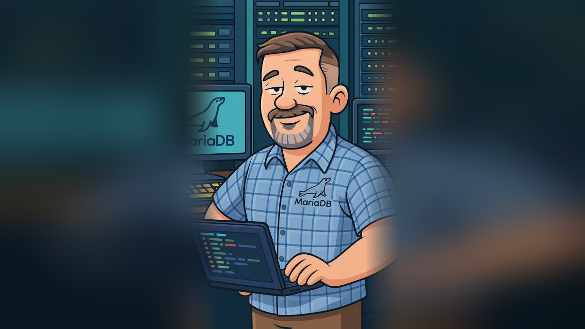 Illustration of Jonathan Miller, MariaDB Foundation performance engineer, with a laptop in front of server racks